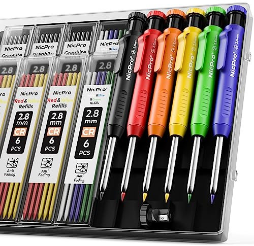 Nicpro 6 Pièces Crayons Charpentier, Porte Mine avec 48 Mines en 6 Couleurs, Crayon Marqueur à Trous Profonds, Crayon Chantier Robustes pour Architectes, avec étui
