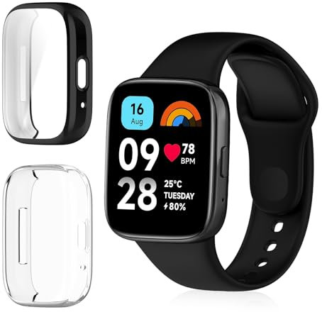 ToVioc Funda Compatible con Xiaomi Redmi Watch 3 Active Protectora Todo Incluido, [2 Piezas] [Flexible TPU] [Anti-Rasguños] Cáscara Protectora para Xiaomi Redmi Watch 3 Active - Negro & Transparente