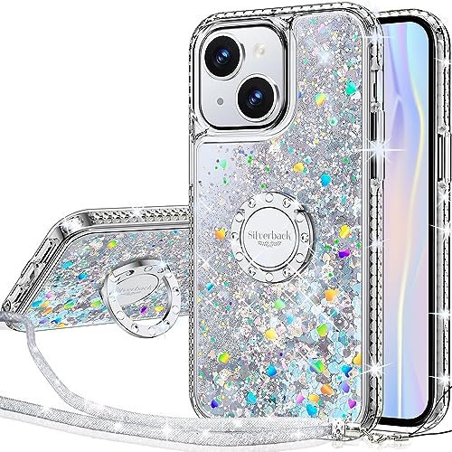 Silverback for iPhone 15 Plus Case, Liquid Holographic Sparkly Glitter Case With stand and Lanyard, Women Girls Bling Diamond Ring Shockproof Protective Cover for iPhone 15 Plus 6.7'', Clear Silver