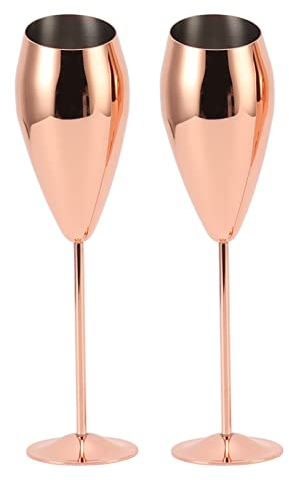 Stainless Steel Copper Champagne Flutes Glass Set of 2, Unbreakable Champagne Wine Glasses for Wedding, Parties and Anniversary