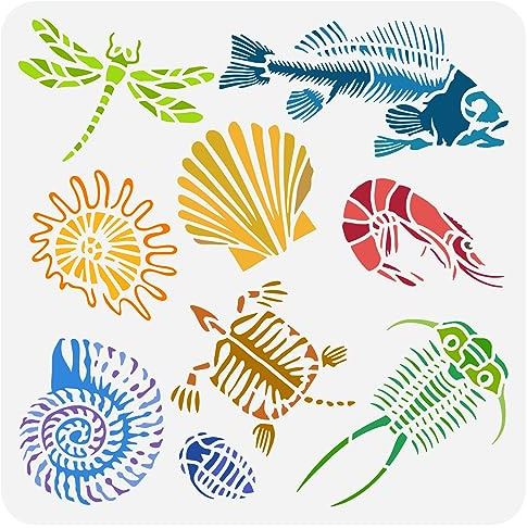 FINGERINSPIRE Fossilien Schablone Zum Malen 30x30 cm Große Trilobiten Muschel Malschablone Ausgehöhlte Libelle Fisch Muschel Schablone Garnelen Schildkröte Schablone Für Holzstoff Dekor