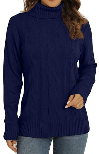QIXING Women's Jumper Turtle Neck Cable Knit Ribbed Sweater Long Sleeve Tops for Women UK Chunky Knit Ladies Pullover(Navy Blue, L)