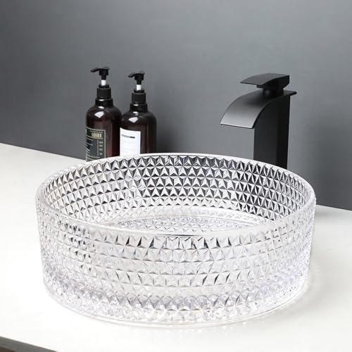 KECTIAKL 16 Inch Crystal Bathroom Vessel Sink with Faucet and Drain Combo,Diamond Shaped Clear Tempered Glass Vessel Sink Above Counter Round Sink Bowl Art Basin
