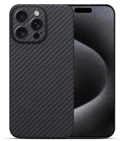 Schutzhülle für Apple iPhone 15 Pro, ultradünn, Aramid, Kohlefaser, vollständiger Kameraschutz, Schwarz
