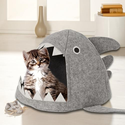 Waidmeister Katzenhöhle Hai - Katzenbett mit einzigartigem Design - Katzenhaus mit Innenkissen - OEKOTEX, waschbar, formstabil und strapazierfähig, Größe:64x35x50 cm, Farbe:Grau
