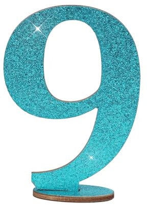 Oblique Unique® Zahlen Holz Aufsteller Türkis mit Glitzer Dekoration für Geburtstag Jubiläum Deko Tischdeko Torten Deko (Zahl 9)