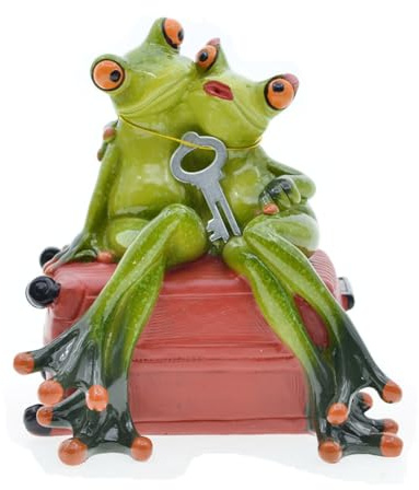 Queemie Kreative Pärchen Frösche Sitzen auf Rotem Koffer Harz Statue, Lustige Reisen Frosch Liebhaber Maskottchen Tiere Skulptur Sammelfiguren für Regale Tisch Desktop Dekor