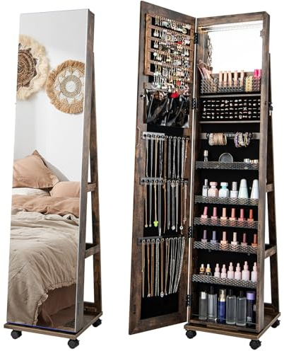HOMASIS Armoire à bijoux sur roulettes, armoire pivotante avec lumières LED de 3 couleurs et étagères réglables, miroir à bijoux sur pied pour colliers, boucles d'oreilles, maquillage, 40 x 38 x 163