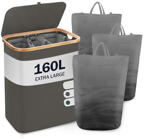 YOUDENOVA Wäschekorb mit Deckel 3 Fächer 160L Wäschesammler mit 3 Wäschesäcke Groß faltbarer Wäschesortierer Holz Bambus Wäschetruhe hoch Laundry Baskets, Dunkelgrau