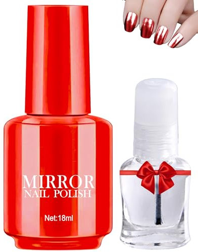 Mirror Gel Nagellack Satz,Rot Metallic Langanhaltend Schnell Trocknend Gel Glue Polish mit Crystal Clear Base Top Coat Glänzen Effekt,Soak Off UV LED Lampe für Zuhause DIY Maniküre Art Nail Gellack-04