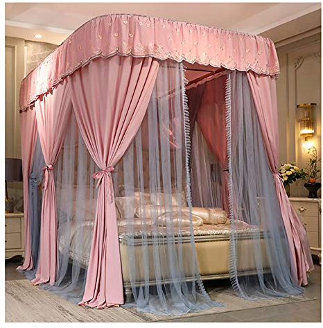 4 Eckpfosten-Bettvorhang-Baldachin für 3 Öffnungen, Moskitonetz, rosa Bettdekoration für Kingsize-Bett und großes Queensize-Bett, mit U-förmiger Halterung (Größe: 180 x 200 x 210 cm)