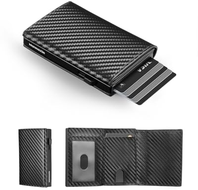 Slim Wallet mit Münzfach Herren Geldbörse RFID Schutz Portemonnaie, Kartenetui Smart-Pop-Up Geldbeutel, Portmonee Kreditkartenetui, Magnetverschluss, für bis zu 9 Karten (Carbon Fiber)