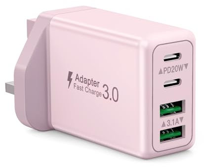 USB Plug, 40W 4-Port Fast USB C Charger Plug UK Dual Port PD Power Adapter+ QC Wall Plug, Multiport USB C Plug Multi Type C Charging Plug for iPhone 16 15 14 Pro Max 13 12 11 XS XR, Samsung,iPad