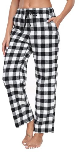 North Bund Bas De Pyjama Femme 100% Coton à Carreaux Pantalon Doux Long Confortable Détente Vêtements De Nuit Loisirs Hiver Noir Blanc M