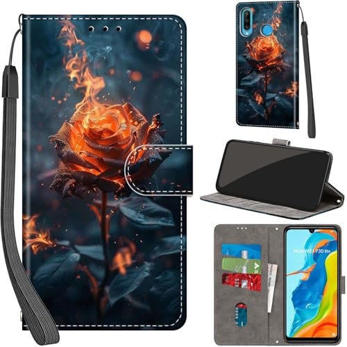 Coque pour Huawei P30 Lite Cover [Housse en Cuir PU Premium] [Etui à Rabat] [Pochette de Portefeuille], Étui de Protection pour Huawei P30 Lite,Flamme
