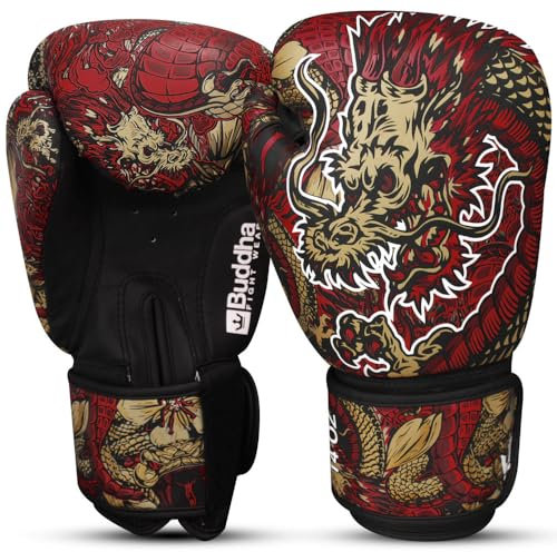 BUDDHA FIGHT WEAR - Guantes de Boxeo Dragon Rojos diseñados para Entrenamientos y Sparring en Muay Thai Kickboxing Fitness - Hombres y Mujeres - 10 oz