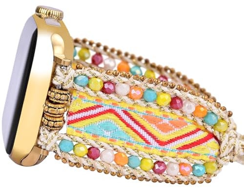 Fancy Woven Braided Nylon Band Compatible with Apple Watch Bands 40mm 41mm 38mm, Retro Boho Friendship Bracelet Handmade Bohemian Beaded Adjustable Dressy Strap Wristbands for iWatch Bands Series10/9