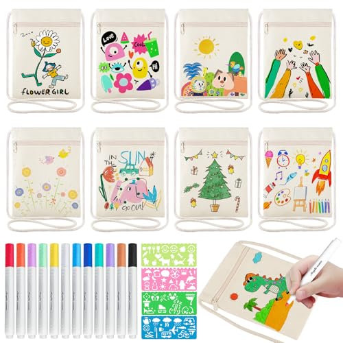 8 Stück Stoffbeutel zum Bemalen für Kinder, Taschen zum Bemalen für Kinder, DIY Kinder Umhängegeldbeutel mit 12 Farbe Stiften und 4 Malschablonen, DIY Beige Brustbeutel für Schule, Party, Feier