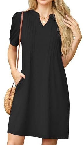GRECERELLE Womens Dresses Summer Casual Short Sleeve V Neck Shift Dress for Women Ladies T Shirt Dress with Pockets (Black, XL)