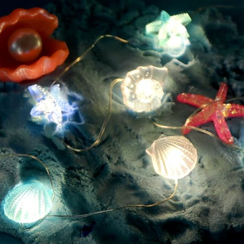 Lichterkette Muscheln, 2m 20 LED Lichterkette Meerestiere batterie, Lichterkette Lnnen sommer, maritime deko, meerestierdekoration, fischernetz deko meer, Fairy Lights für Zelt, bett, Schlafzimmer