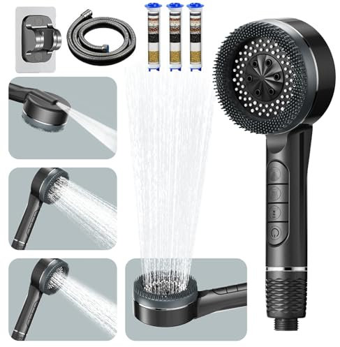 High Pressure Shower Heads,Hard Water Filter Shower Head with 1.5m Shower Hose and Holder,4 Mode with Pause Switch,Powerful Handheld Massage Filter Showerhead for Residual Chlorine Remove,Dark Gray