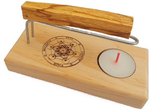 YA-DECOREGALOS Quemador para Palo Santo o inciensos fabricado artesanalmente con base de Madera Natural con imagen de METATRON, varillas metalicas. Se incluye Palo santo y velita de te. Cómodo y fácil
