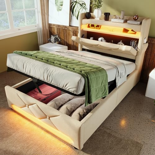 DEKKETO Stauraumbett 90x200 mit LED, 3 USB, 1 Typ C, ohne Matratze, Beige | Polsterbett, Leinenstoff, hydraulischer Hebemechanismus, Kopfteilablage, Holzlattenrost, Metall-Holzrahmen, bis 250kg