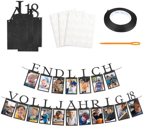 Fotogirlande zum 18. Geburtstag Junge - ENDLICH VOLLJÄHRIG 18-18 Glitzer-Fotokarten für Meilensteine 1-18 Jahre - Girlande 18. Geburtstagsdeko Junge (Schwarz)