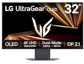 LG UltraGear OLED 32GX870A Monitor Gaming 32 UHD 4K 240Hz / FHD 480Hz, 0,03ms (GtG), G-Sync Compatible, AMD FreeSync, VRR, Speaker 14W, HDR True Black 400, USB-C, HDMI 2.1, DP 2.1, Hub USB, Nero