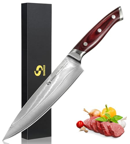 SANHUI 8 Damascus Chef Knife, Professional Kitchen Knife for Chefs | 67-Layer Damascus Steel, Razor Sharp, Gift Box,Pakkawood Handle. Perfect for Chopping, Slicing, Dicing. For Home & Pro Chefs
