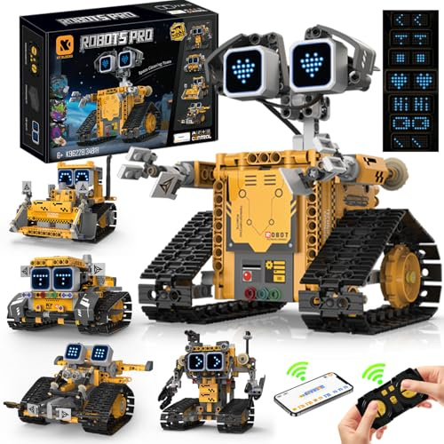 Teknikrobot byggleksak för barn, 5-i-1 robotar med app och fjärrkontroll, teknikväggrobotik byggsats med 16 LED-mimik, 373 delar, RC programmerbar robotleksak, present för barn 6, 7, 8, 10 år