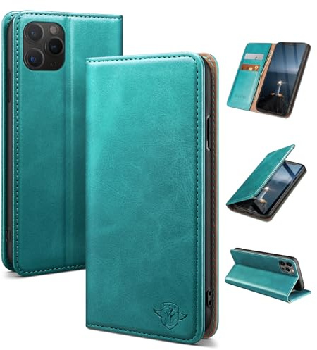 SUANDUCK for iPhone 13 Pro 6.1 mobile phone case magnetic leather flip case with RFID-blocking card compartment, adjustable stand and 360° drop protection with Apple 13 Pro Blue Green