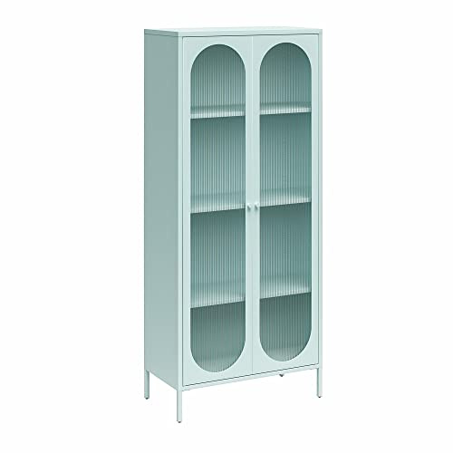 Luna Metall-Hochschrank Hellblau, 80 x 40 x 186 cm, Vitrinenschrank mit 2 geriffelten Glastüren und 4 Regalböden, Metallschrank für Wohnzimmer, Esszimmer und Flur