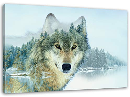 Feeby, Leinwandbild, Bilder, Wand Bild, Wandbilder, Kunstdruck 40x60cm, Boho, Scandi, Wolf, DOPPELTE BELICHTUNG, Winter, Holz, WEIß, GRAU