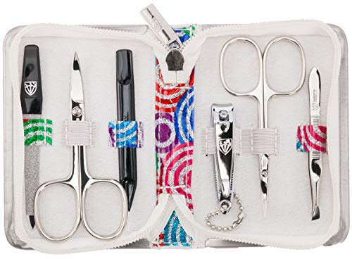 DREI SCHWERTER - 6-tlg. 'Ravenna' | Hochwertiges Maniküreset Nagel Set Etui mit bunten Farbkreisen | Inhalt: Nagelschere, Hautschere, Nagelknipser, Saphirnagelfeile, Nagelreiniger, Pinzette