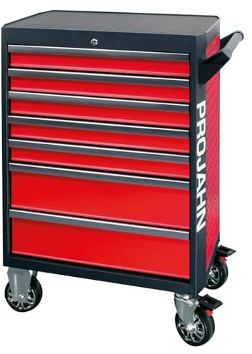 Projahn Werkstattwagen GALAXY mit 187-teiliger Bestückung, Werkzeugwagen mit 7 Schubladen, Werkstattschrank mit 4 Rollen, Rot/Anthrazit, abschließbar 5501-124