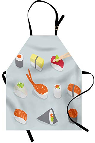ABAKUHAUS Sushi Kochschürze, Oriental Asian Snacks wie Nigiri Maki und Tobiko Rolls im Stil von Flat Design, Farbfest Höhenverstellbar Waschbar Klarer Digitaldruck, Mehrfarbig
