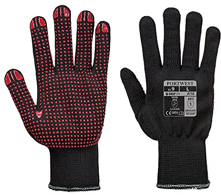Portwest A110 Grip 13 PVC Dotted Glove Knitted Cuff Polyester Breathable | Black, Large, EN ISO 21420 Dexterity 5, CE Certified, EN 388, Jobs Requiring High Dexterity, Mechanic