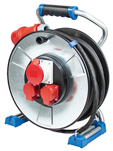 as - Schwabe Xperts Doppelrohr Metallkabeltrommel 25m, Schutzisolierung, 5-pol CEE Stecker 400V, 2 Schutzkontaktsteckdosen, 1 CEE-Steckdose 5-polig, 400V 16A, Klappdeckel, IP44, Made in Germany, 23999