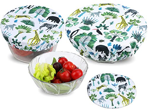 PHOGARY Couvercles réutilisables écologiques pour récipients alimentaires - 3 couvercles en tissu réglables imperméables pour saladier en verre, bocal, melons, bord élastique, forêt