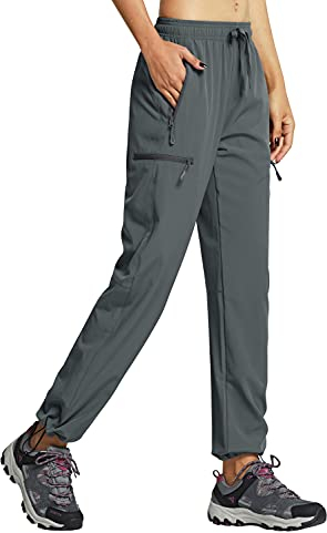 Libin Damen Wanderhose Wasserdicht Outdoorhose Leichte Schnell Trocknende Atmungsaktiv Trekkinghose Funktionshose Track Pants mit Reißverschlusstasche,Grau, L