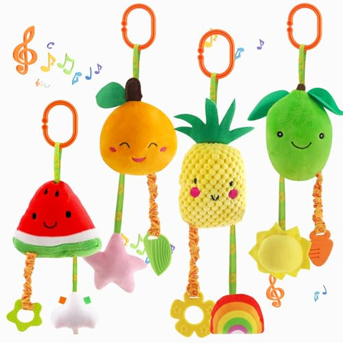 KAKIBLIN Baby Hanging Rattle Toys, 4 Pack Car Seat Stroller Baby Toys | Soft Squeaky Toys for Newborn Infant, Fits pushchair,car seat & cot, Pineapple and Orange, Soft plush for 0-12 months