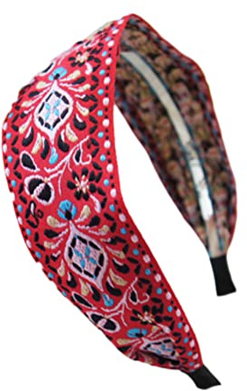 Onsoyours Damen Haarband Headband Stoff Haarreif mit Schleife-Vintage Blumen Stickerei Stirnband Boho Haarschmuck Stirnbänder Frauen Süße Haarwickel A Rot Einheitsgröße