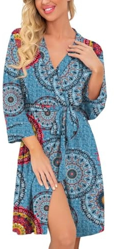 PrinStory Bademantel Für Damen Leichter 3/4 Ärmeln Morgenmantel Kimono Roben Kurz Nachtwäsche