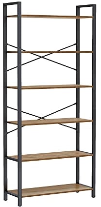 VASAGLE Bücherregal 6 Ebenen, Standregal mit Stahlrahmen, freistehendes Regal für Wohnzimmer, Schlafzimmer, Arbeitszimmer, 30 x 80 x 186 cm, Industrie-Design, dunkelwalnussfarben-schwarz LLS082B48