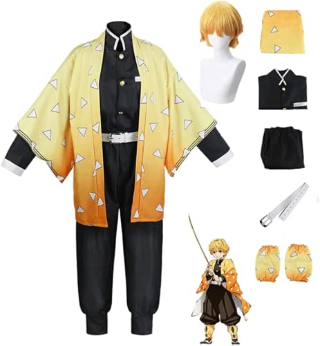 Rcrllya Anime Demon Slayer Agatsuma Zenitsu Outfit Halloween Party Kimono Uniform mit Perücke Erwachsene Party Geschenk (Set Perücke,XXL)