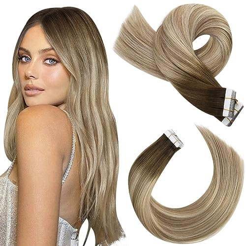 Moresoo Echthaar Extensions Tape in Remy Haarextension Echthaar Tape Dunkelbraun bis Hellbraun mit Blond Ombre Unsichtbare Tape in Extensions Echthaar Blond 20 Stück/50g 50 cm #3/8/22