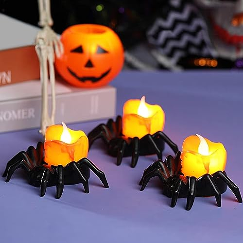 Halloween Deko Licht, LED Spinnen Halloween Kerzen Licht, Halloween LED Spinnen Teelichter Batteriebetrieben, LED Kerze Spinnen Licht für Halloween Dekoration und Party Tischdeko (3 Stück)