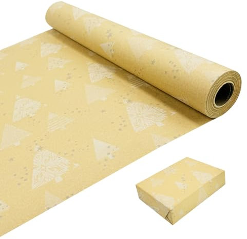 Rotolo di carta da regalo natalizio 43 cm × 20 m, carta da regalo Kraft stampata con stelle e albero di Natale, rotolo di carta Kraft riciclabile per Natale, compleanno, matrimonio