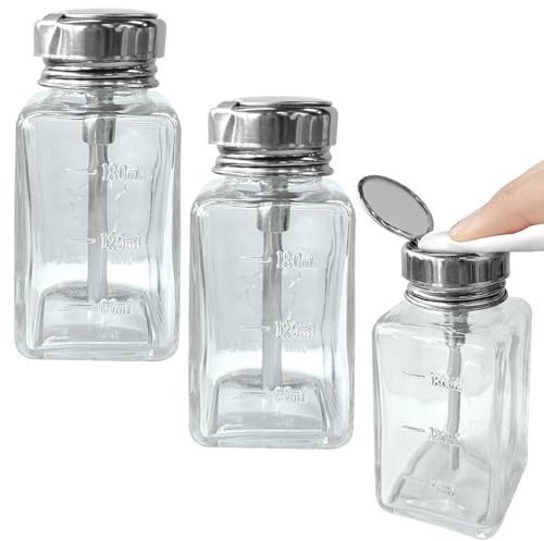 Hlimior 3 Pcs 6 Oz/ 180 ml Clear Pump Dispenser Bottle,Square Glass Nail Polish Remover Push Down Dispenser Bottle with Metal Flip Cover,Push Down Pump Dispenser Press Container for Makeup Remover